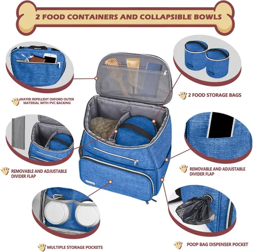 Miniatura 2 de BAGLHER Mochila de viaje para perros, mochila de suministros para mascotas aprobada por aerolíneas, bolsa de viaje para perros con 2 cuencos Azul
