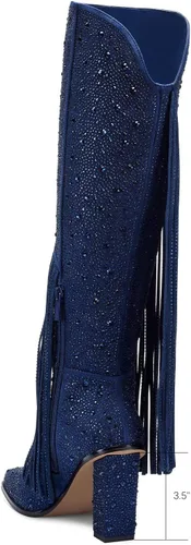 Miniatura 4 de Botas con borlas y diamantes de imitación para mujer, punta cuadrada, tacón grueso, botas altas hasta la rodilla