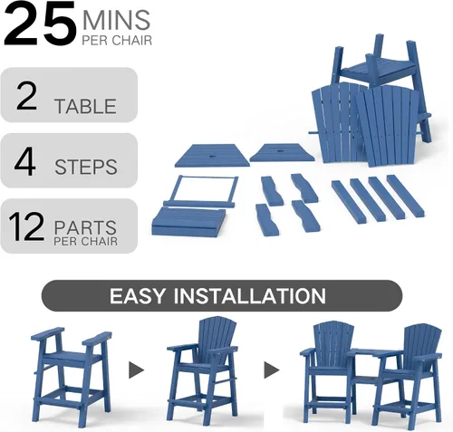 Miniatura 9 de Kingdura Juego de 2 sillas Adirondack altas mejoradas, resistentes a la intemperie, taburetes de alta densidad para exteriores con bandejas de Azul