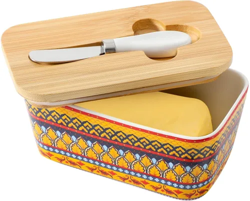 Miniatura 17 de Hasense Mantequillera de porcelana con tapa de bambú – Mantequera cubierta con cuchillo de mantequilla para encimera, recipiente hermético