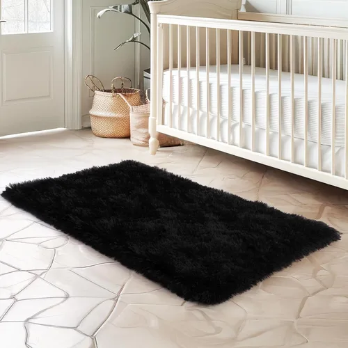 Miniatura 8 de qulint Alfombra negra para dormitorio, alfombra de área pequeña de 2 x 3 pies para habitación de niños, alfombra suave y mullida para sala de estar