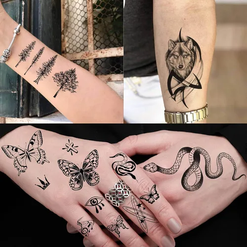 Miniatura 6 de 49 hojas de tatuajes temporales tribales negros para mujeres, hombres, adultos, brazo, cuerpo, de larga duración, lobo maorí, tigre, león, guerrero