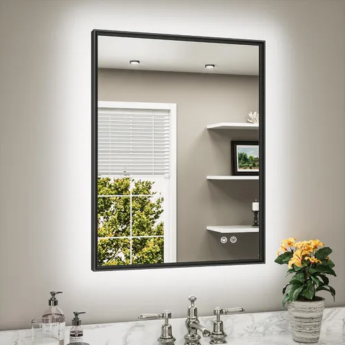 Miniatura 9 de TETOTE Espejo de baño retroiluminado de 30 x 36 pulgadas, marco de metal dorado cepillado, luz LED, 3 colores, blanco/cálido/natural, sin escalones