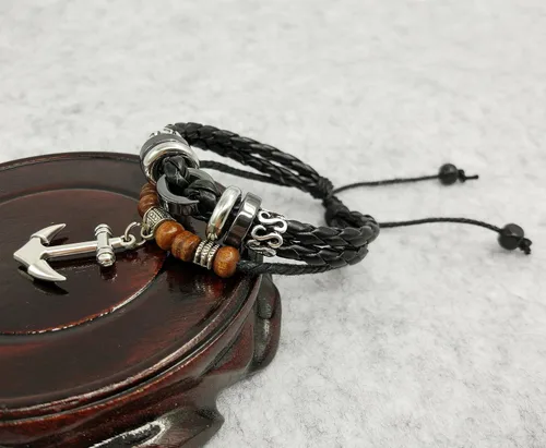 Miniatura 39 de Suyi brazalete ajustable con varias capas, de cuero tejido trenzado con cruz. Pulsera tipo esclava.