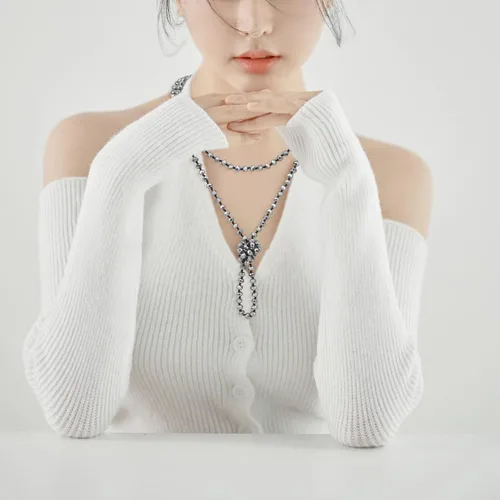 Miniatura 4 de Firstmeet - Collar con nudo de cuerda, de cuentas de cristal, largo, para mujer.