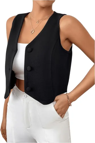 Miniatura 3 de GORGLITTER Chaleco con botones para mujer, chaleco corto sin mangas, blazer