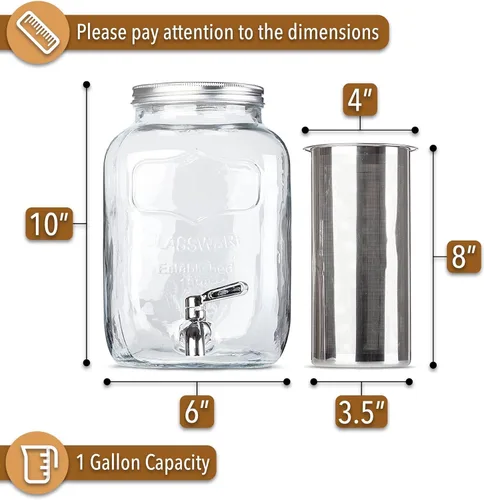 Miniatura 2 de BTAT - Cafetera de café frío de 1 galón, jarra de vidrio grueso con filtro de acero inoxidable, tapa y espiga, cafetera de café helado y té solar