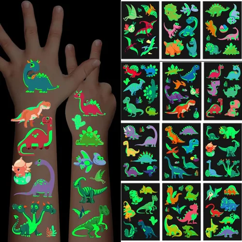 Tatuajes temporales luminosos, 102 piezas de tatuajes de dibujos animados de dinosaurios que brillan en la oscuridad, tatuajes falsos impermeables,
