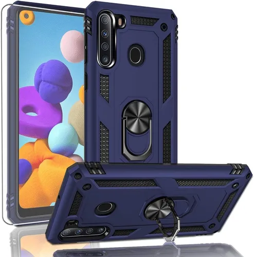 Funda para Galaxy A21, con protector de pantalla HD, [grado militar] anillo de montaje en coche con soporte híbrido de policarbonato duro suave TPU