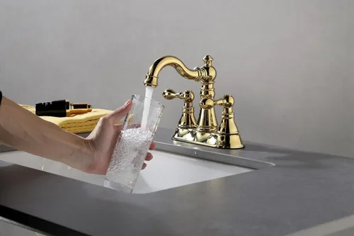 Miniatura 7 de Llave de baño de latón pulido de dos asas de 3 agujeros con conjunto de drenaje emergente, llave de lavamanos clásico de 4 pulgadas con caño