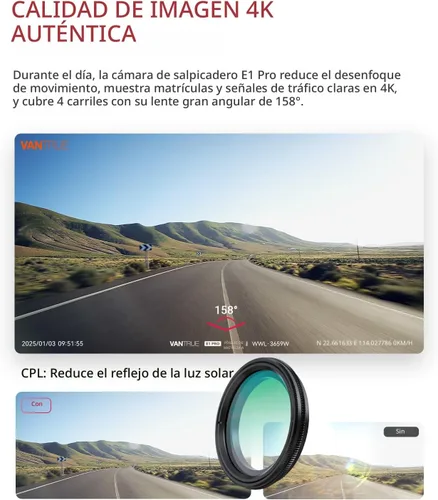 Miniatura 4 de Vantrue Cámara frontal E1 Pro 4K Mini Dash Cam frontal, STARVIS 2 PlatePix HDR visión nocturna para automóvil, GPS WiFi 5G integrado, pantalla IPS