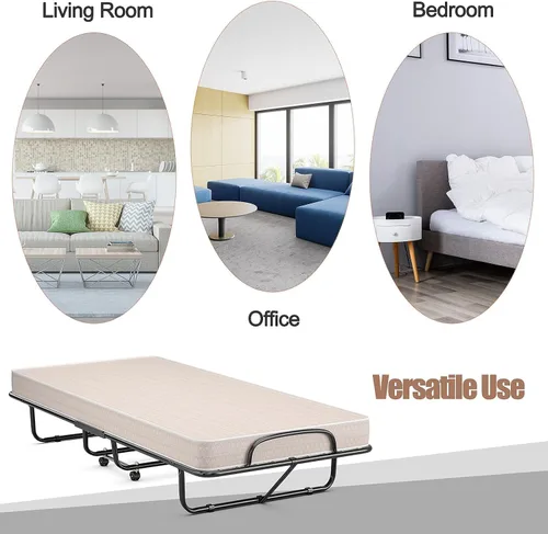 Miniatura 9 de HAPPYGRILL Cama enrollable, cama plegable con colchón de espuma viscoelástica de 5 pulgadas, marco de acero resistente, 4 ruedas universales, cama