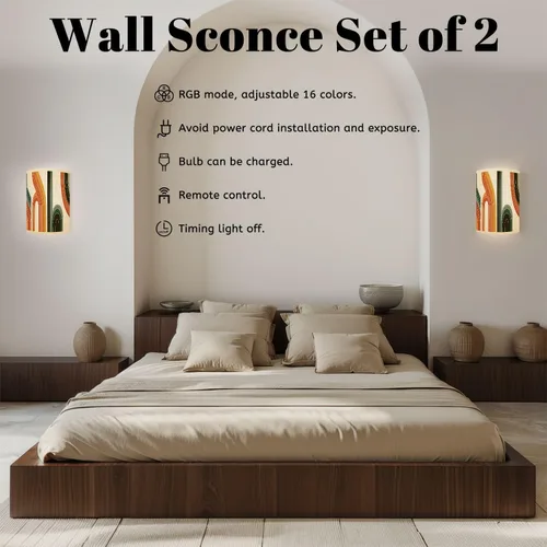Miniatura 3 de Juego de dos apliques de pared con pilas, estilo retro, vintage, estilo años 70, líneas de póster, formas enchufables, accesorios de pared