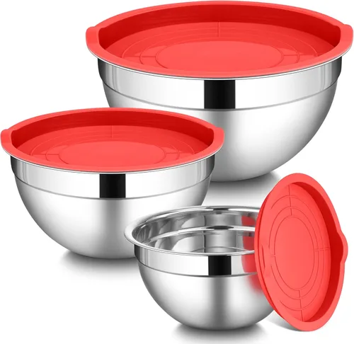 Miniatura 11 de LIANYU Juego de 3 tazones para mezclar con tapas, tazones de metal de acero inoxidable anidables grandes y pequeños para almacenamiento de cocina
