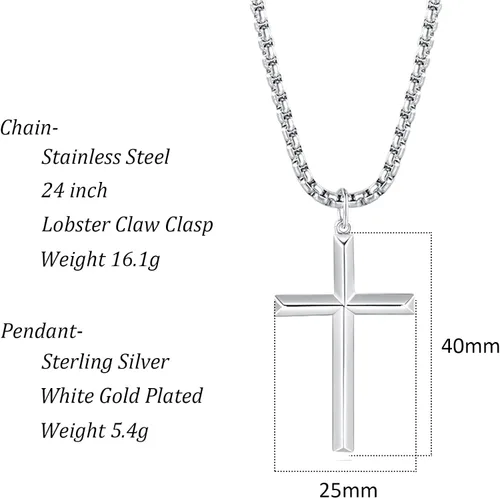 Miniatura 5 de FANCIME Collar con cruz biselada de plata de ley 925 maciza pulida con chapa de oro amarillo o blanco Collar de crucifijo para hombre Collar largo