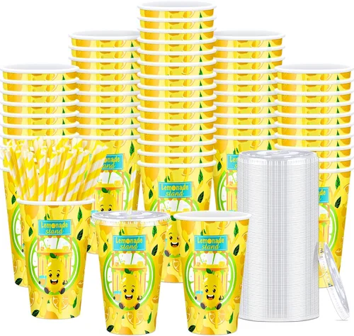 Miniatura 8 de Tessco - Juego de 50 vasos de papel Capri Lemon con tapas y pajitas, 12 onzas, azulejos azules italianos, tazas frías de limón italiano para fiesta