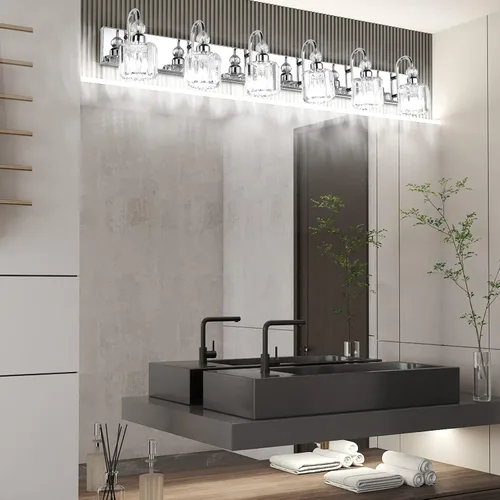 Miniatura 6 de Ralbay 6 luces de cristal de acero inoxidable para tocador de baño, espejo largo, accesorios de iluminación modernos de cristal para baño Cromo