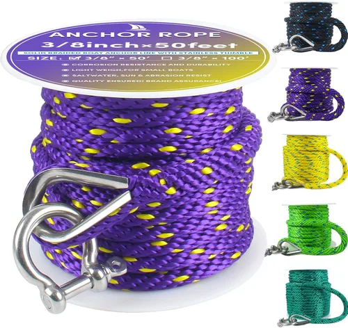 Miniatura 31 de Cuerda de anclaje premium de 100 pies x 3/8 pulgadas, cuerda marina de línea de anclaje MFP trenzada sólida con dedal y grillete, color negro