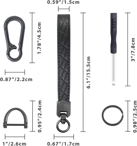 Miniatura 4 de OHKYOOT Llavero de cuero para muñeca, llavero de coche con 3 llaveros y anillo anti-pérdida (Negro)