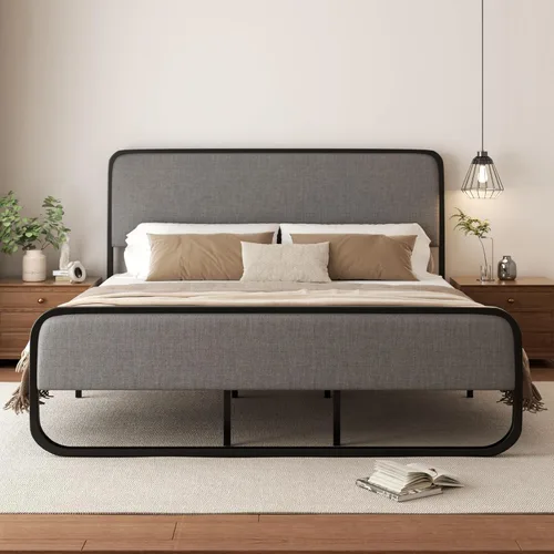 Miniatura 12 de Sismplly Base de cama tapizada de tamaño matrimonial con cabecero y estribo curvos, listones de metal resistente, almacenamiento debajo de la cama
