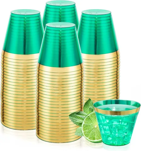 LUODA 150 vasos de plástico verdes, vasos desechables de 9 onzas con borde dorado, vasos de plástico de Navidad con borde dorado, vasos de plástico