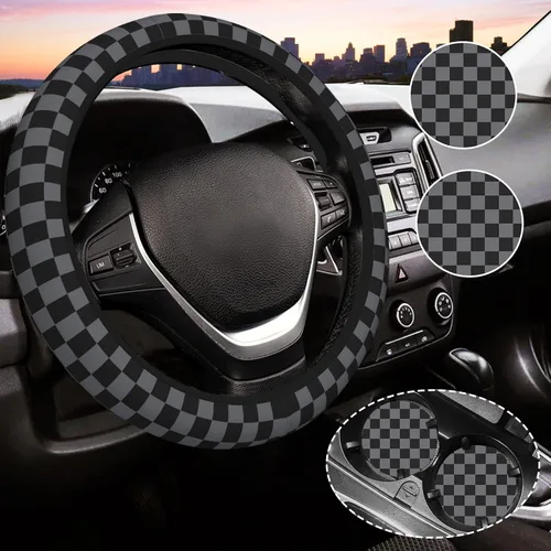 Miniatura 8 de Funda de volante a cuadros para mujeres, funda universal para volante de automóvil de 14-15 pulgadas, accesorios interiores para automóvil, con 2