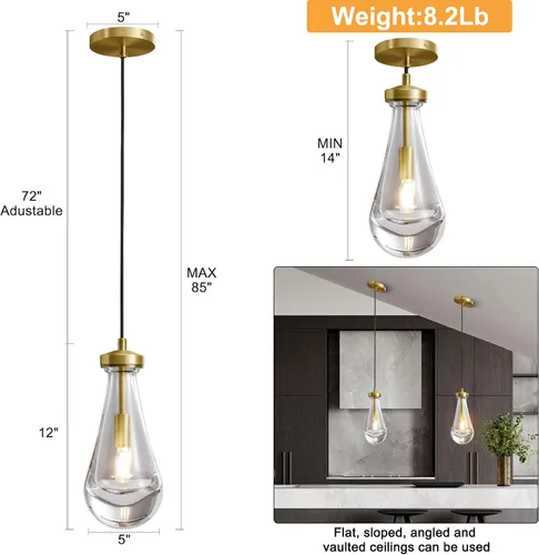 Miniatura 6 de Lámparas colgantes de latón, luces colgantes de cristal, isla de cocina, lámpara de gota de lluvia para comedor, dormitorio, baño, incluye bombilla