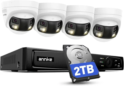 ANNKE Sistema de cámara de seguridad PoE 4K con lente dual, gran angular de 180°, NVR H.265+ de 12MP con disco duro de 2 TB, 4 cámaras IP de