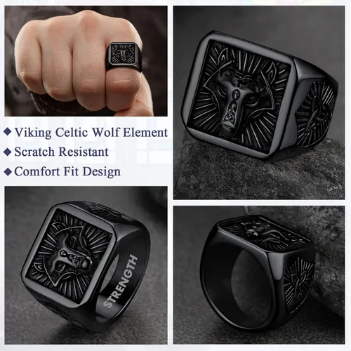 Miniatura 4 de FaithHeart Anillos de sello de cabeza de lobo para hombres y mujeres, anillo vikingo nórdico de acero inoxidable, tamaño 7891011121314 personalizado