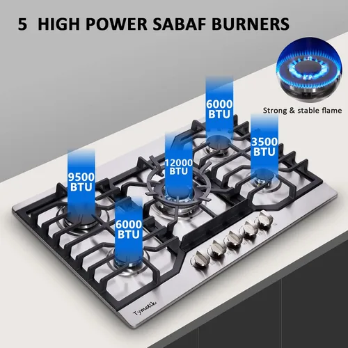 Miniatura 2 de Placa de cocina de gas de 30 pulgadas, 5 quemadores de alta eficiencia, estufa de gas de acero inoxidable, estufa de gas incorporada, encimera