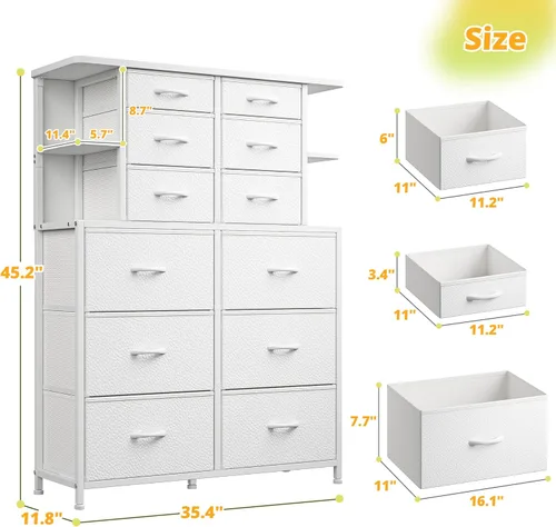 Miniatura 10 de EnHomee Cómoda blanca para dormitorio con luces LED y 12 cajones con 4 estantes abiertos, cómoda de tela y cómoda, marco de metal, 45.2 pulgadas