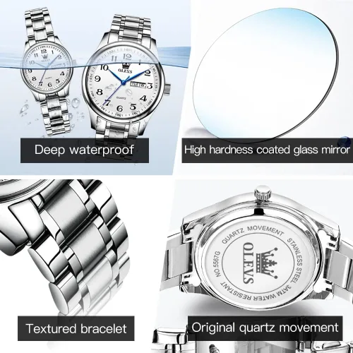 Miniatura 62 de OLEVS Juego de 2 relojes de cuarzo para parejas de San Valentín, calendario luminoso, ventana de fecha, 3 ATM, impermeable, casual, acero