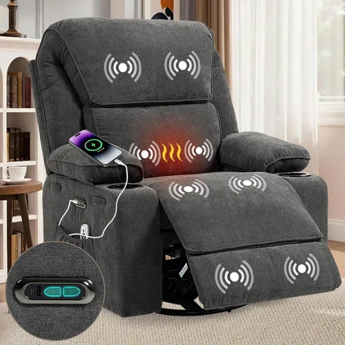 Sillón reclinable eléctrico con balanceo, giratorio y deslizador, silla de guardería con botón de un toque, masaje vibratorio y calor, puertos de