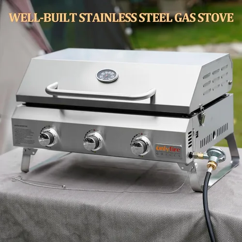 Miniatura 10 de ONLYFIRE GRILLS - Parrilla de mesa de gas con patas plegables, parrilla de gas propano portátil de 3 quemadores con tapa plana para cocinar al aire