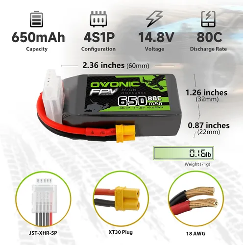 Miniatura 2 de OVONIC 4s Lipo Batería 80C 650mAh 14.8V Lipo Batería con XT30 Conector para RC FPV Racing Drone Quadcopter