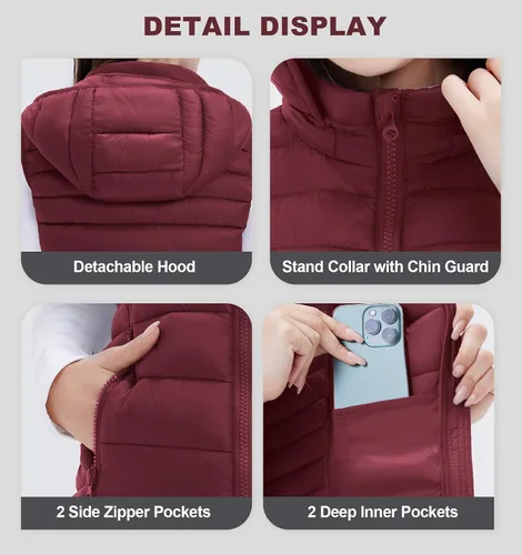 Miniatura 5 de SLOWTOWN Chaleco acolchado ligero y plegable para mujer con capucha desmontable