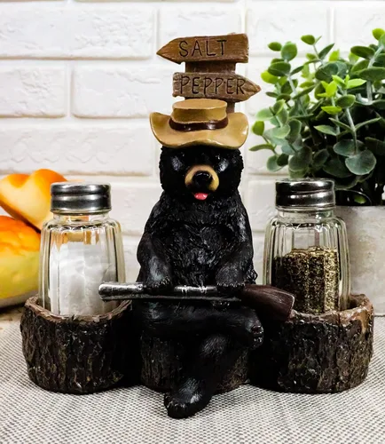 Miniatura 2 de Ebros Gift Rústico Oso de Papá Negro Occidental con escopeta sentado en el cruce de árboles Banco de troncos de sal y pimentero, Figura de soporte