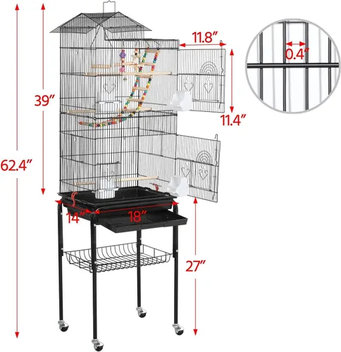 Miniatura 4 de Yaheetech Jaula para pájaros de 64 pulgadas, tamaño mediano y pequeño, jaulas para pájaros con soporte rodante desmontable para loros, tortolitos