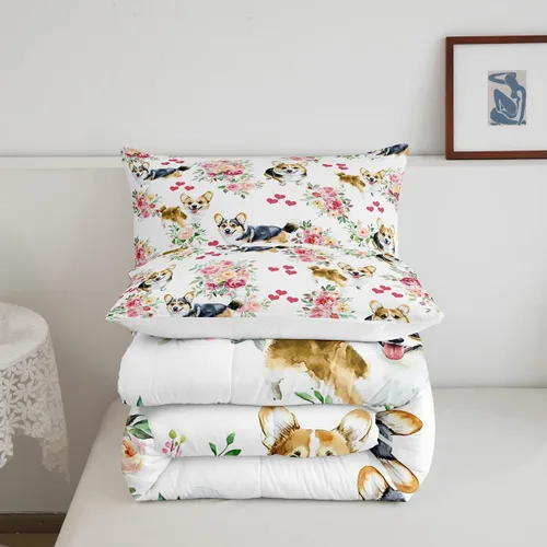 Miniatura 6 de Erosebridal Lindo juego de edredón de perro Corgi para niños y niñas, juego de ropa de cama romántico de flores rosas tamaño individual, edredón