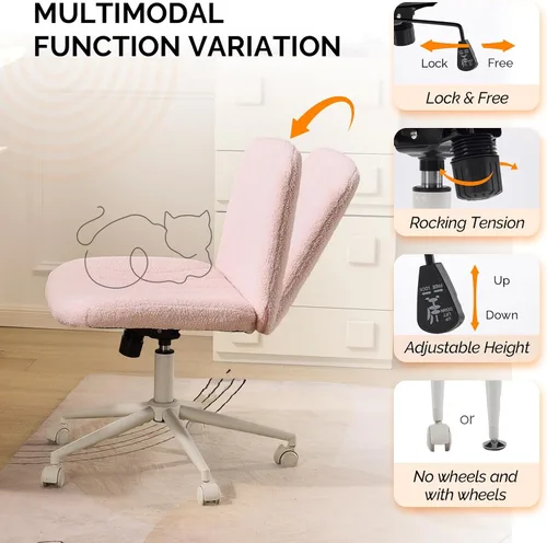 Miniatura 6 de VINGLI Silla de Patas Cruzadas, Silla de Escritorio de Oficina Ancha y Cómoda, Doble Uso con/sin Ruedas Silla de Trabajo para Computadora, Silla Rosa
