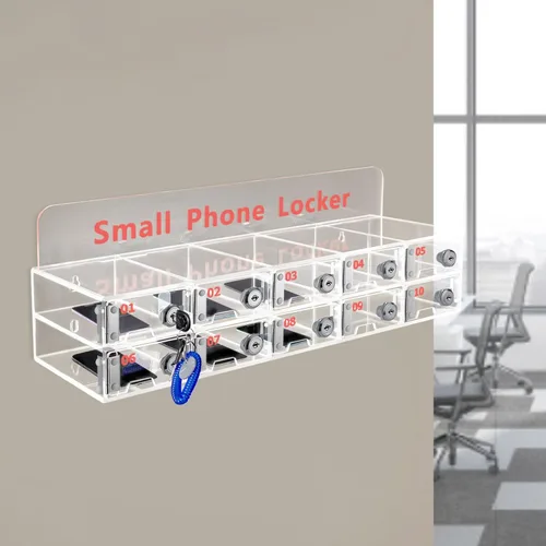 Miniatura 7 de Taquillas de teléfono celular, caja de bloqueo de acrílico para teléfono celular con cerraduras de puerta y llaves, 10 ranuras montadas en la pared