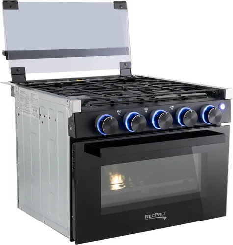 Estufa RecPro RV Negra | Rango de gas de 17" de alto | Tres quemadores de 6500 y 8000 BTU | Horno de 7100 BTU con capacidad de 1.24 pies cúbicos |