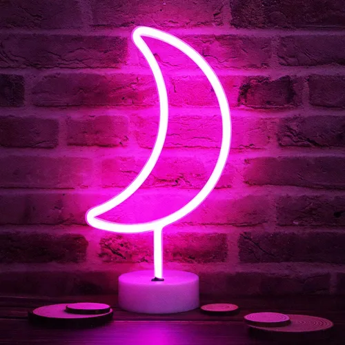 Miniatura 6 de Letreros LED de neón de luna, luces nocturnas moradas de media luna con USB, funciona con pilas, lámpara de luna para fiesta de cumpleaños, boda