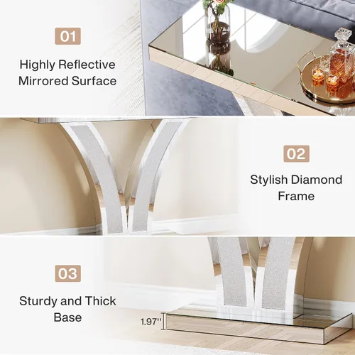Miniatura 6 de Tribesigns Mesa de consola con espejo, moderna mesa de sofá de entrada plateada con marcos de incrustaciones de cristal para sala de estar, pasillo