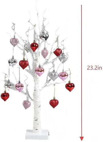 Miniatura 2 de Árbol de abedul blanco iluminado de 24 pulgadas Decoración de mesa para el día de San Valentín con corazones colgantes, temporizador y doble