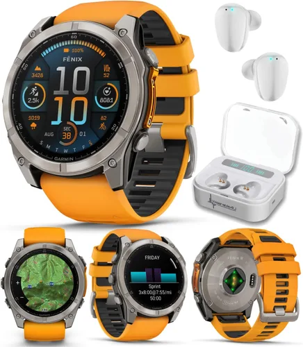 Garmin Fenix 8 – 2 pulgadas, reloj inteligente multideporte GPS AMOLED, zafiro, titanio con banda de silicona naranja brillante/grafito, linterna