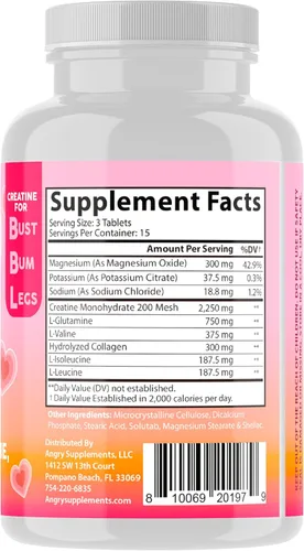 Miniatura 3 de Angry Supplements Better Booty - Tabletas de creatina para mujeres, píldoras de monohidrato de creatina con L-glutamina, colágeno, BCAA + mezcla