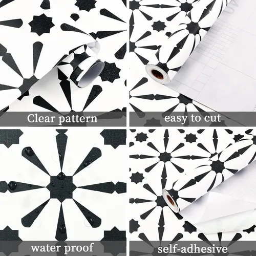Miniatura 4 de WENMER Papel tapiz geométrico, 17.7 x 197 pulgadas, papel tapiz geométrico moderno para despegar y pegar, papel de contacto blanco y negro, papel
