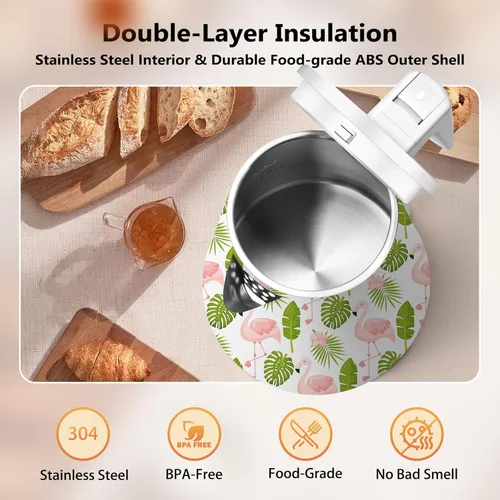 Miniatura 2 de Hervidor de agua interior de acero inoxidable de doble pared de 1.2L, inalámbrico, ebullición rápida de 1000W con luz LED, cafetera y tetera Flamenco