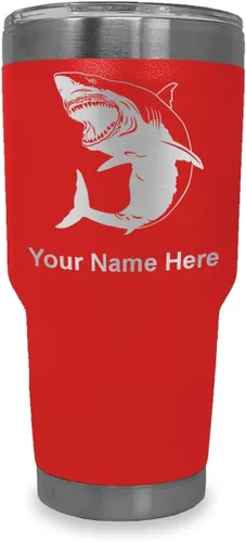 Miniatura 18 de LaserGram Vaso aislado al vacío de 20 onzas, gran tiburón blanco, grabado personalizado incluido (negro)
